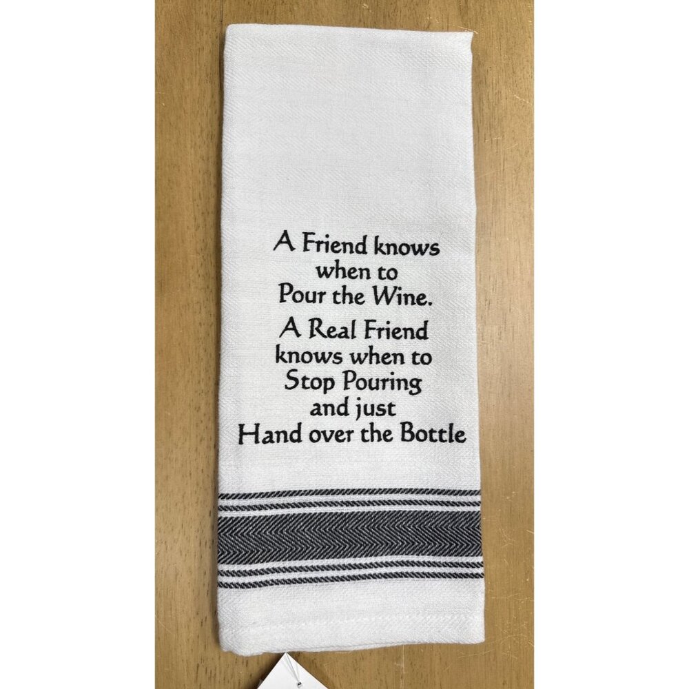 Funny Kitchen Towel With Wine Quote - Cotton Hand Towel With Black Stripes And E